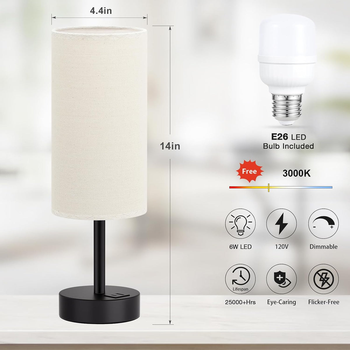 Dicoool Bedside Table Lamp for Bedroom - 3-Way Dimmable Touch Lamp, USB A+C