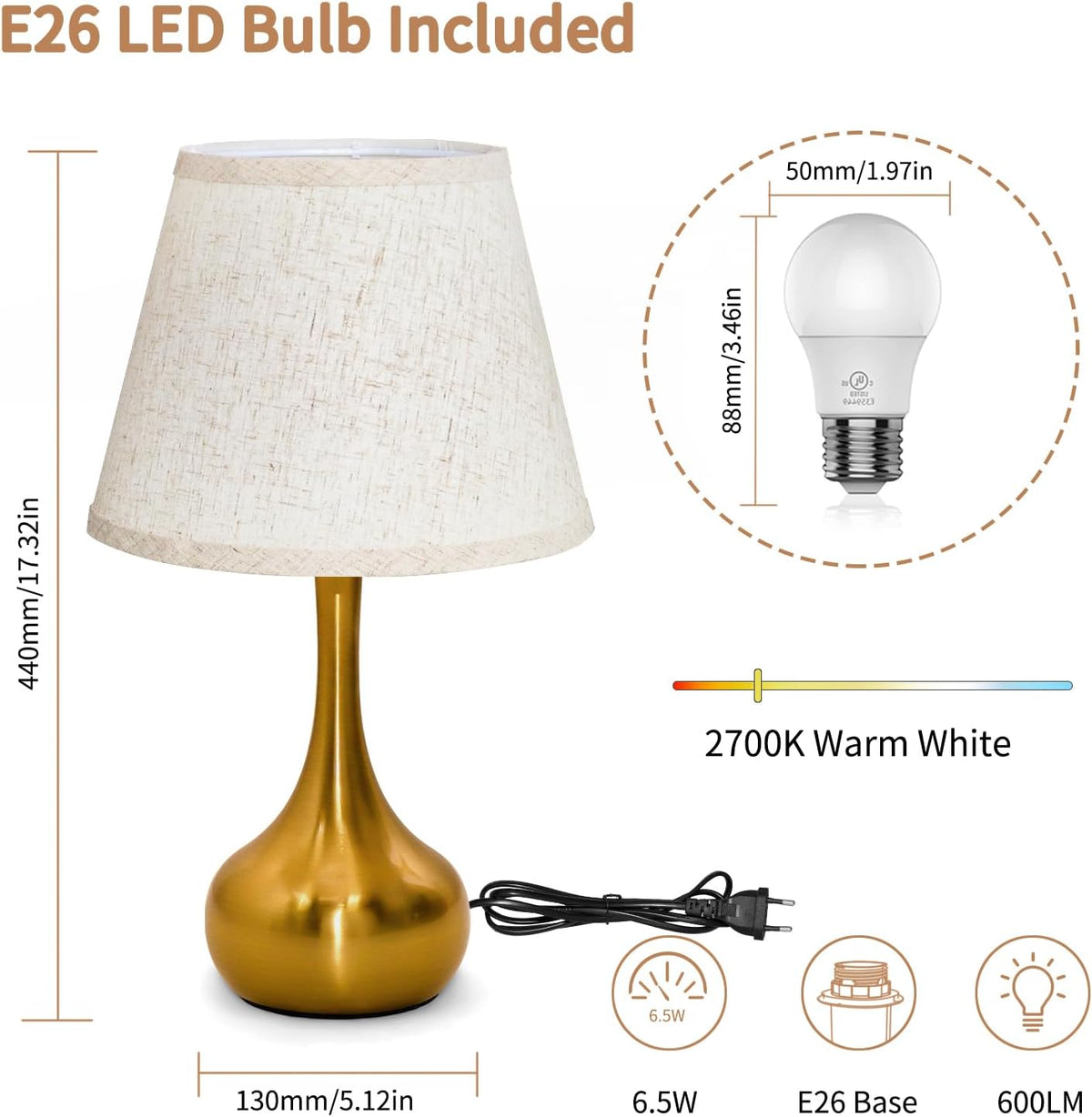 ONEWISH Touch Bedside Lamp for Bedroom, 3-Way Dimmable Farmhouse Table Lamps for Nightstand with Fabric Shade, Desk Lamp for Kids Reading, Home Office