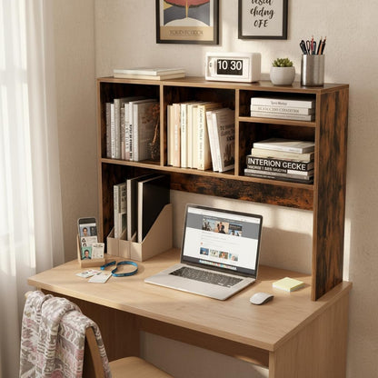 Desktop Bookshelf, Countertop Storage Hutch with 5 Shelves for Computer Desk, Desk 3-Tier Display Rack, Multipurpose Wood Desktop Hutch Storage Organizer for Dorm Office Home