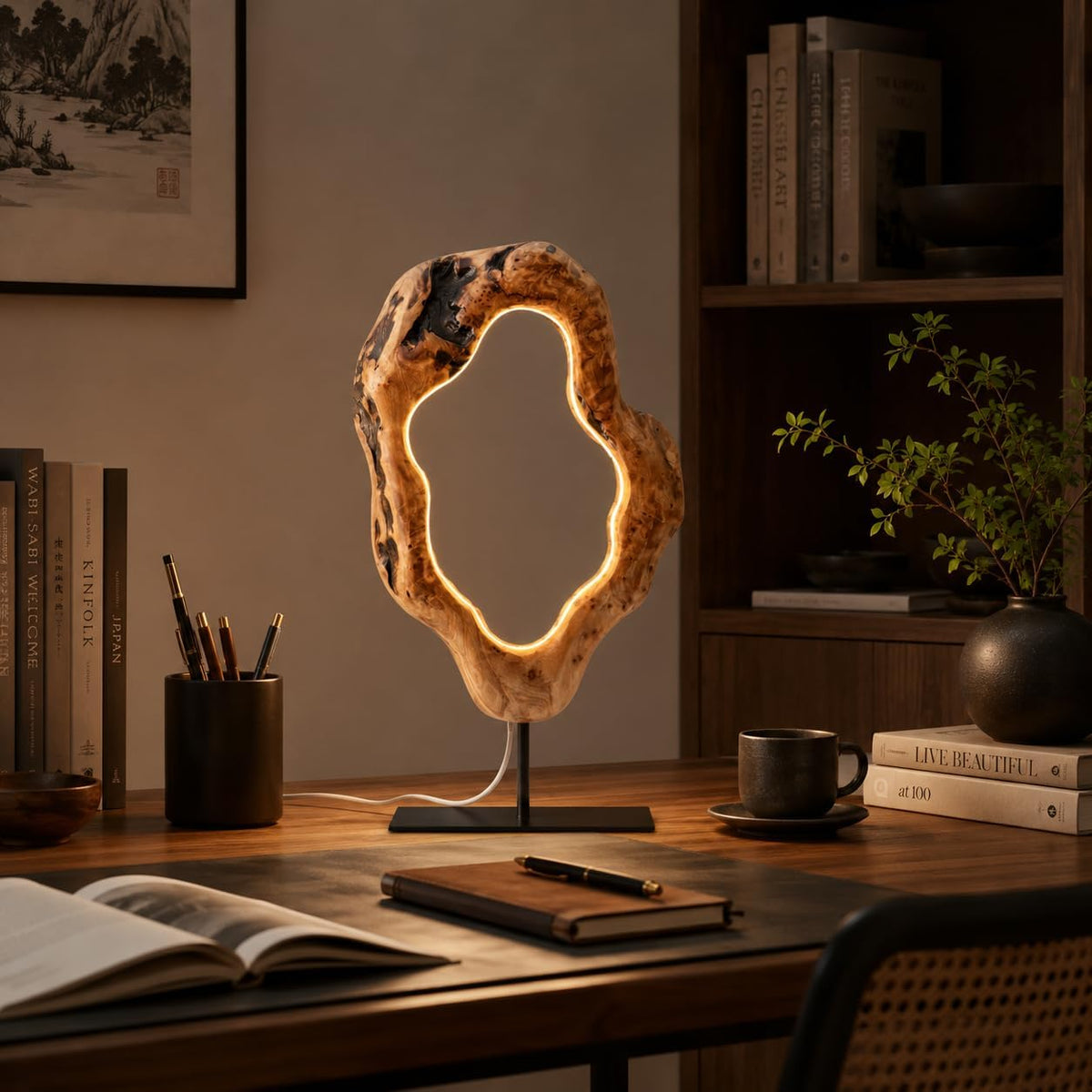 LAPTAIN LED Wood Table Lamp, Irregular Bedside Lamp with Dimmable, Creative Home Decor Table Lamp, Bedside Night Light for Bedroom, Living Room, Large