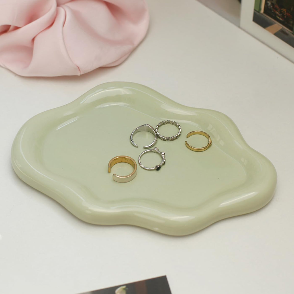 Jewelry Dish Trinket Tray for Women, Ring Dish Holder, Unique Cloud Shape Ceramic Plate Cute Things Vanity Aesthetic Room Decor Mother's Day Birthday (White)