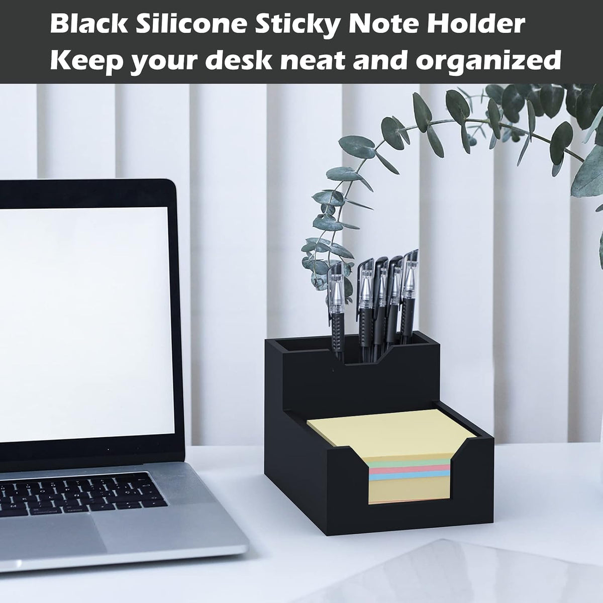 Black Sticky Note Holder, Silicone Memo Holder with Pen or Card Slots, Sticky Note Dispenser, Fits 3x3 Inches Sticky Notes