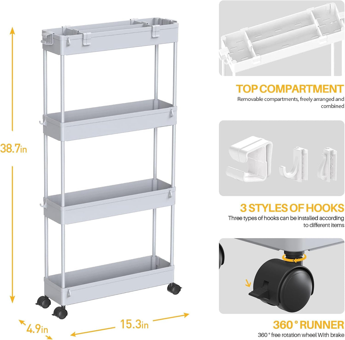 SPACELEAD Slim Storage Cart 4 Tier,Bathroom Organizer Rolling Utility, Mobile Shelving Unit Slide Out for Office, Kitchen, Laundry Room & Narrow Places,White