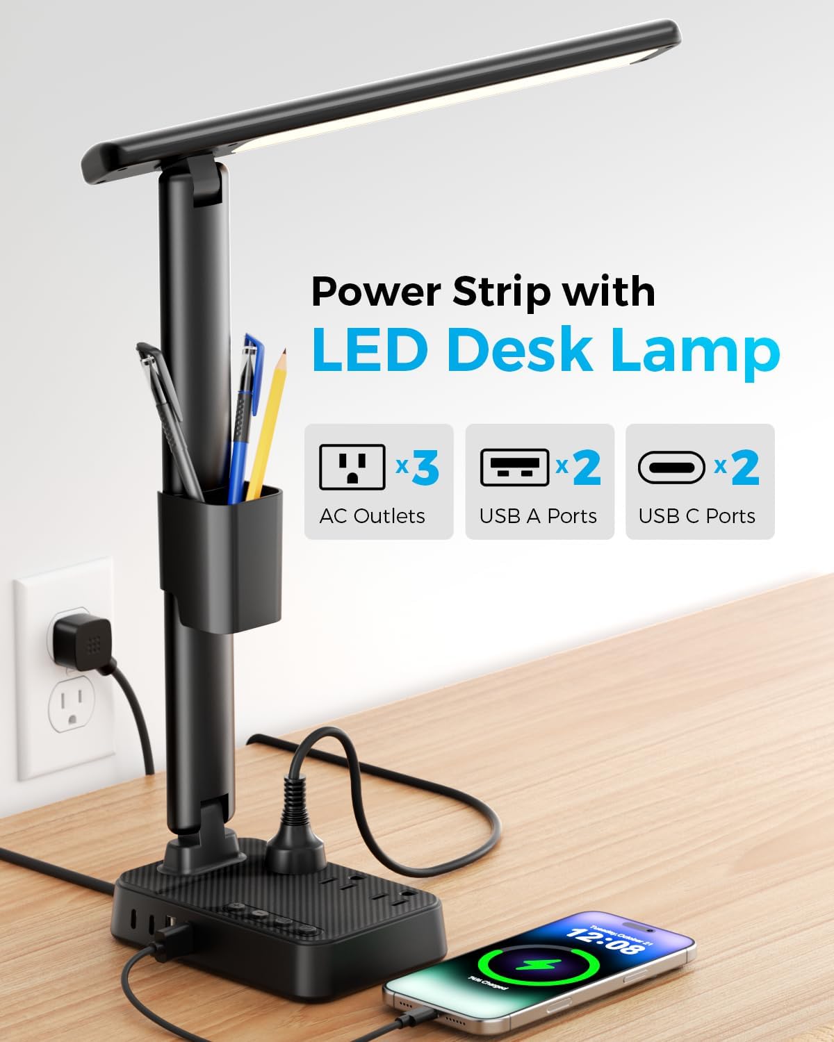 LED Desk Lamp with Power Strip, 3 AC Outlets & 4 USB Ports (2 USB-C), Stepless Dimming & 2800K-6500K Eye-Caring Desk Light, Foldable Table Lamp with 5FT Cord for Home Office, Dorm Room Essentials