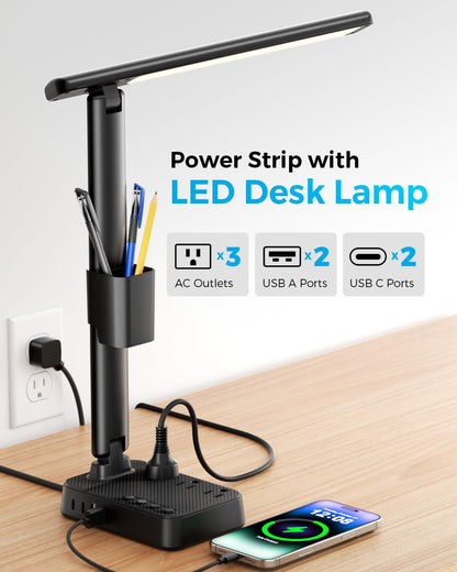 LED Desk Lamp with Power Strip, 3 AC Outlets & 4 USB Ports (2 USB-C), Stepless Dimming & 2800K-6500K Eye-Caring Desk Light, Foldable Table Lamp with 5FT Cord for Home Office, Dorm Room Essentials