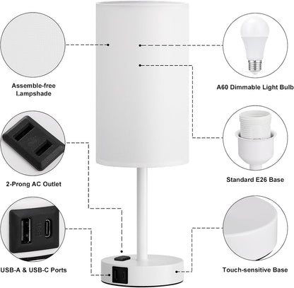 Fenmzee Bedside Table Lamp for Bedroom - Dimmable Touch, USB A+C, AC Outlet