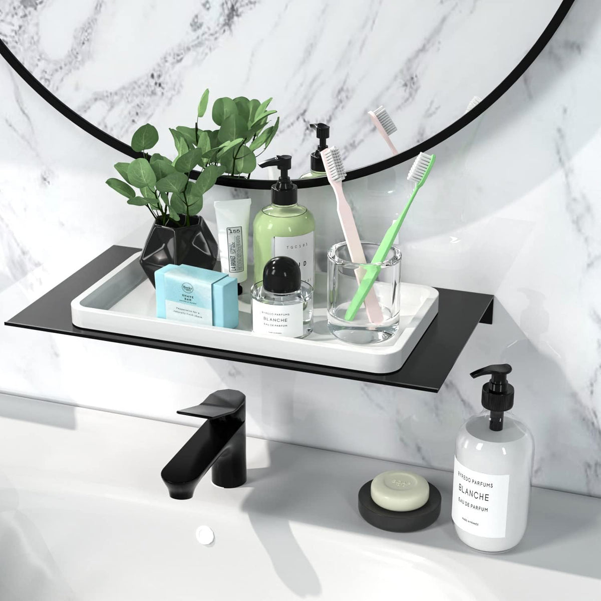 Small Bathroom Vanity Tray for Countertop Makeup Perfume Jewelry Decor Candle Keys, Small Black Kitchen Tray for Soap Dispenser Spice Bamboo Toilet Tray 7.9" L x 4" W x 0.79" H