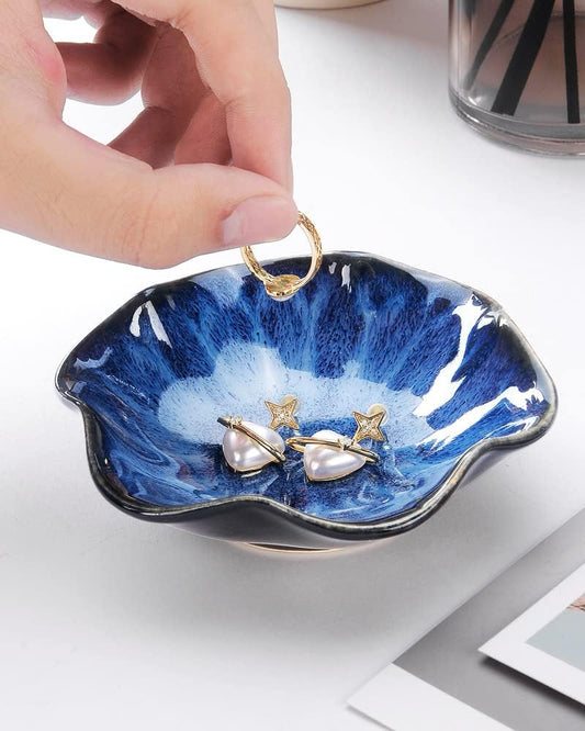 Ring Dish, Kiln Glaze Jewelry Trinket Tray, Gifts for Women I Lotus Leaf Necklace Earrings Holder on Nightstand Bathroom, Ceramic Cute Key Bowl, White. All Jewelries Are NOT Included.