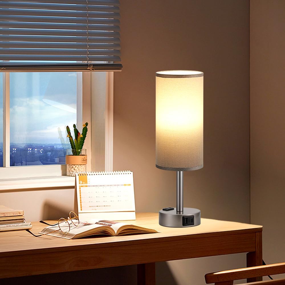Fenmzee Bedside Table Lamp for Bedroom - Dimmable Touch, USB A+C, AC Outlet