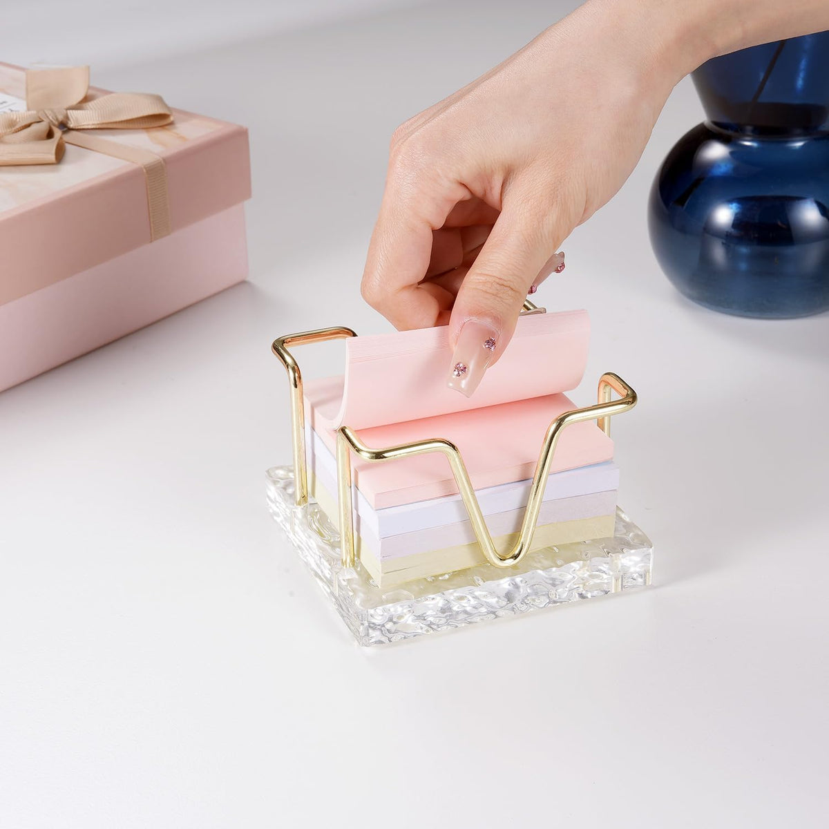 Acrylic Sticky Note Holder, 3 x 3 inch Self-Stick Note Memo Pad Holder for Desk, Notepad Dispenser Organizer for School Office Home, Gold