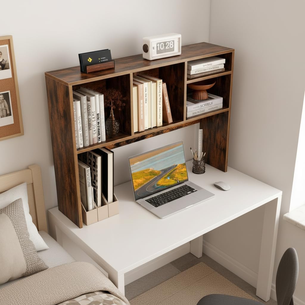Desktop Bookshelf, Countertop Storage Hutch with 5 Shelves for Computer Desk, Desk 3-Tier Display Rack, Multipurpose Wood Desktop Hutch Storage Organizer for Dorm Office Home