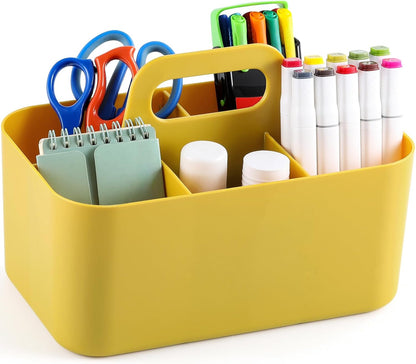 Multiuse Caddy Organizer with Handle, Portable Divided Plastic Tote Bin - Art Craft, Stationary Pen Marker Crayons, Makeup Hair Supplies Storage - Bathroom, Classroom, Dorm, Office, Desk Holder -Black