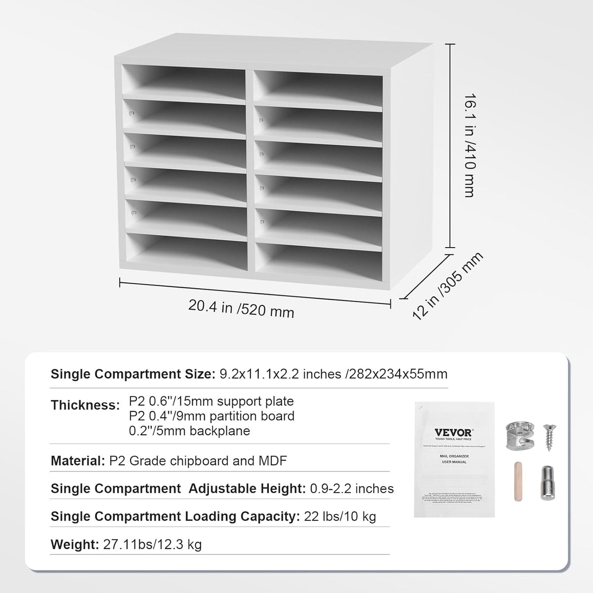 VEVOR Literature Organizers, 12 Compartments Office Mailbox with Adjustable Shelves, Wood Literature Sorter 20.4x12x16.1 inches for Office, Home, Classroom, Mailrooms Organization, EPA Certified White