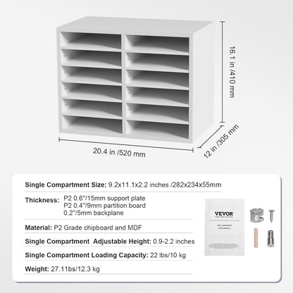 VEVOR Literature Organizers, 12 Compartments Office Mailbox with Adjustable Shelves, Wood Literature Sorter 20.4x12x16.1 inches for Office, Home, Classroom, Mailrooms Organization, EPA Certified White