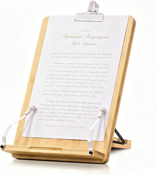 wishacc Large Bamboo Document Holder for Desk - 5 Adjustable Angles Paper Stand for Typing, Oversized Copyholder & Desktop Easel with 2 Page Clips, Foldable Sheet Holder for Legal Pad