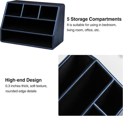 PU Leather Desk Organizer, Luxury Remote Control Holder for Home, Office Desk Accessories Table Caddy Bedside Nightstand Organizer (Black)