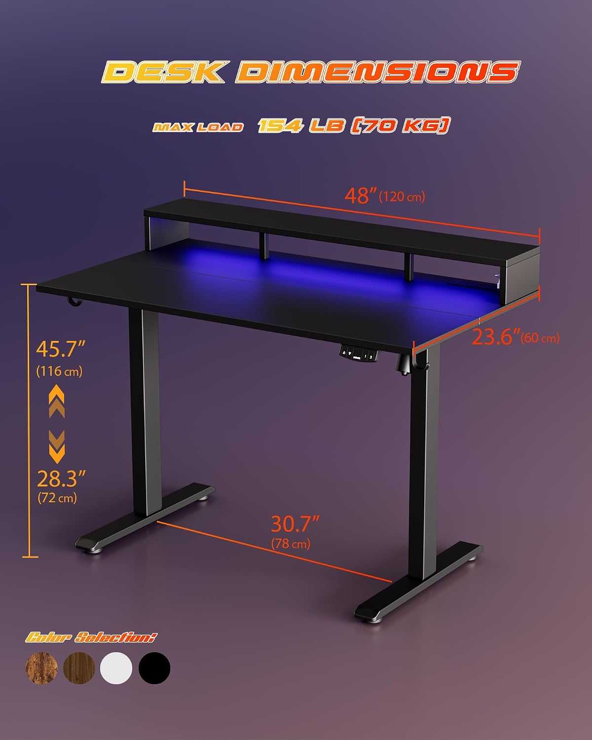 48 * 24 Inch Electric Standing Desk with Shelf & Led, Dark Walnut