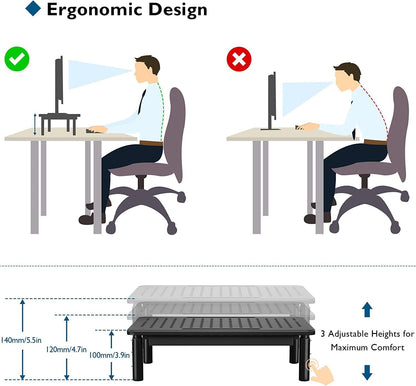 BONTEC Adjustable Monitor Stand Riser with Drawer, Ergonomic Mesh Platform Computer Monitor Stand for Desk, Ventilated Laptop and PC Stand with Cable Management, Supports up to 44lbs