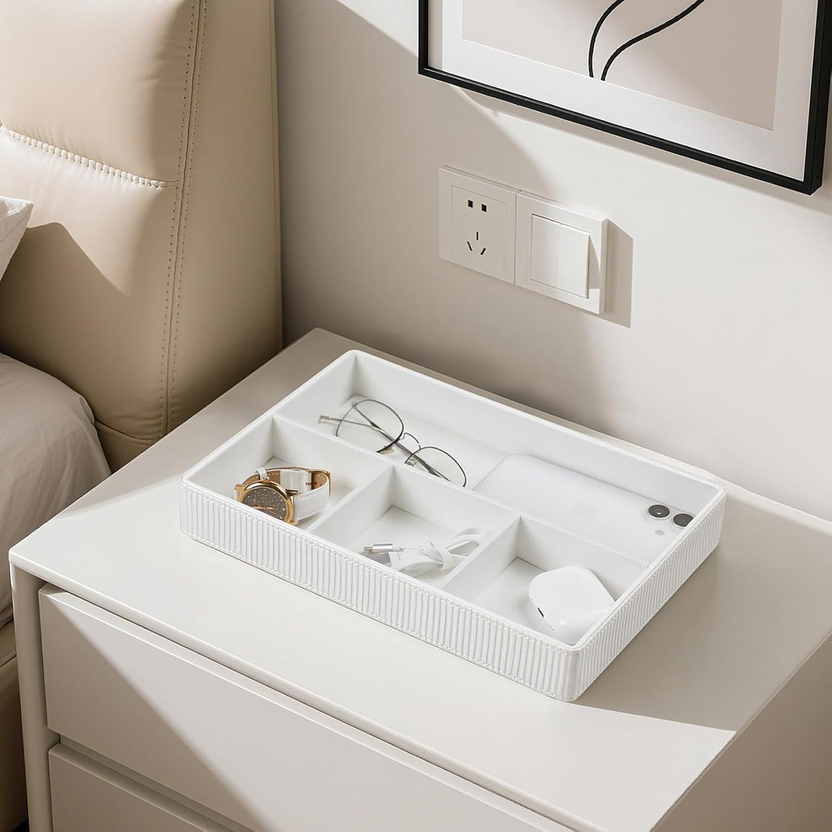 PU Leather Valet Tray, Decorative Trinket Vanity Desk Drawer Organizer Tray, Perfume Dish Catch All Bowl for Keys, Nightstand Drawer Organizer Women Men with 4 Compartments (Cream-White)