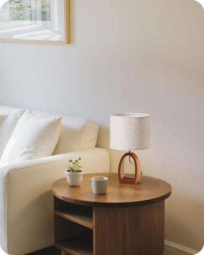 Small Table Lamp, 14.2" Cute Little Desk Lamp, Wood Bedside Lamp with Linen Lampshade, Modern Nightstand Lamp for Bedroom, E26 Base, Bulb Not Included, Beige and Dark Natural LE07TL05
