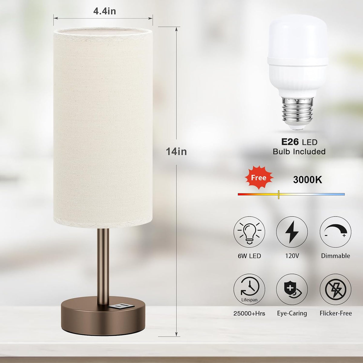 Dicoool Bedside Table Lamp for Bedroom - 3-Way Dimmable Touch Lamp, USB A+C