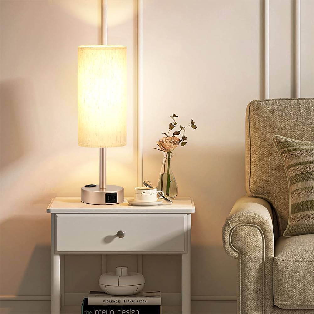 Fenmzee Bedside Table Lamp for Bedroom - Dimmable Touch, USB A+C, AC Outlet