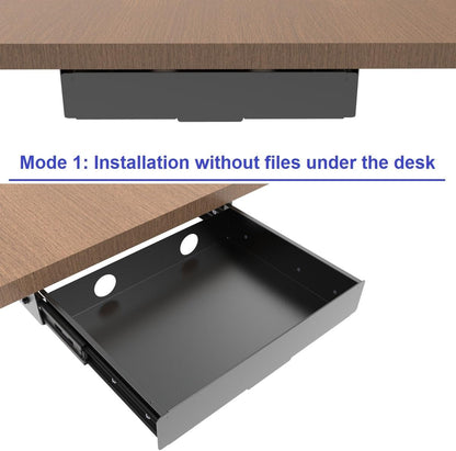 Under Desk Mounted Slide out Drawer, W 13.4" x D 9.3" Storage Organizer with Cable Management，Pull Out Add-On Storage for Office & Standing Desks with High Crossbar, Metal, Black (Medium)