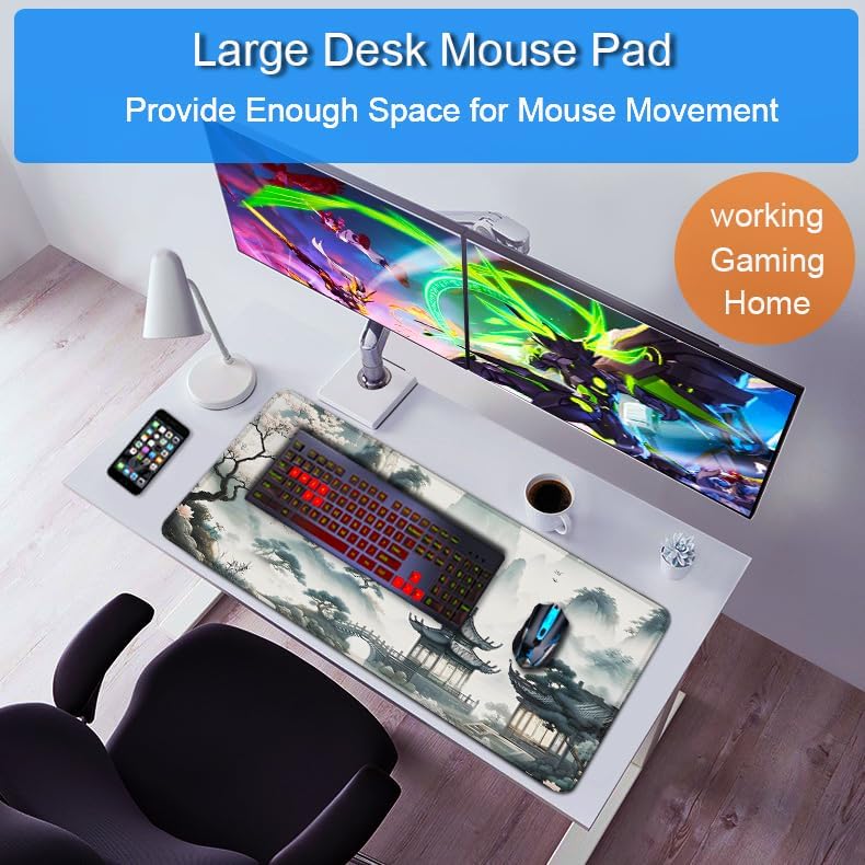 Large Gaming Mouse Pad, 31.5x15.7 inch Large Extended Computer Keyboard Mouse Mat, Water Resist Non-Slip Mousepad Rubber Base Long XXL Desk Mouse Pad for Work & Gaming, Office & Home, Black