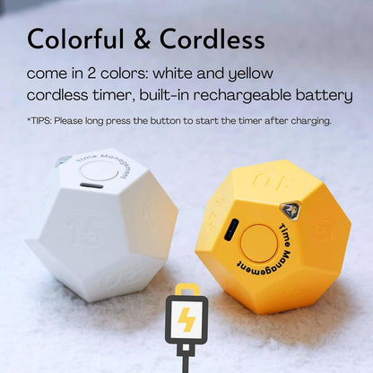 Mini 12 Sided Cube Timer, 11 Preset Times Pomodoro Timer for Enhanced Productivity. Ideal for ADHD Management, Workout, Study & Kitchen Cooking. Easy to Use（White）