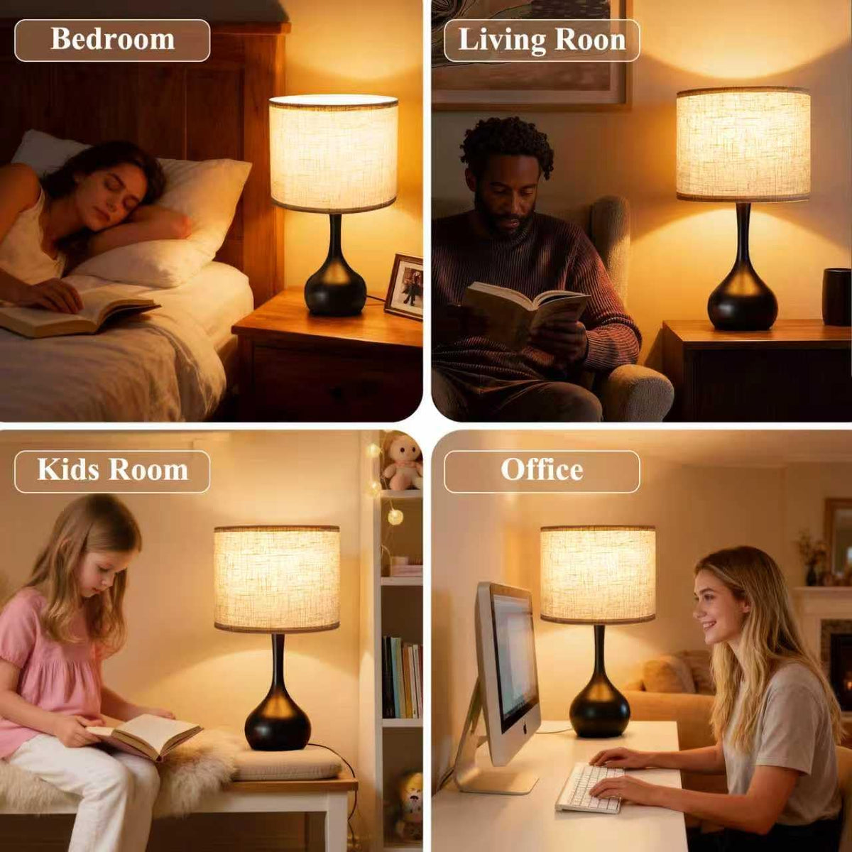 ONEWISH Touch Bedside Lamp for Bedroom, 3-Way Dimmable Farmhouse Table Lamps for Nightstand with Fabric Shade, Desk Lamp for Kids Reading, Home Office