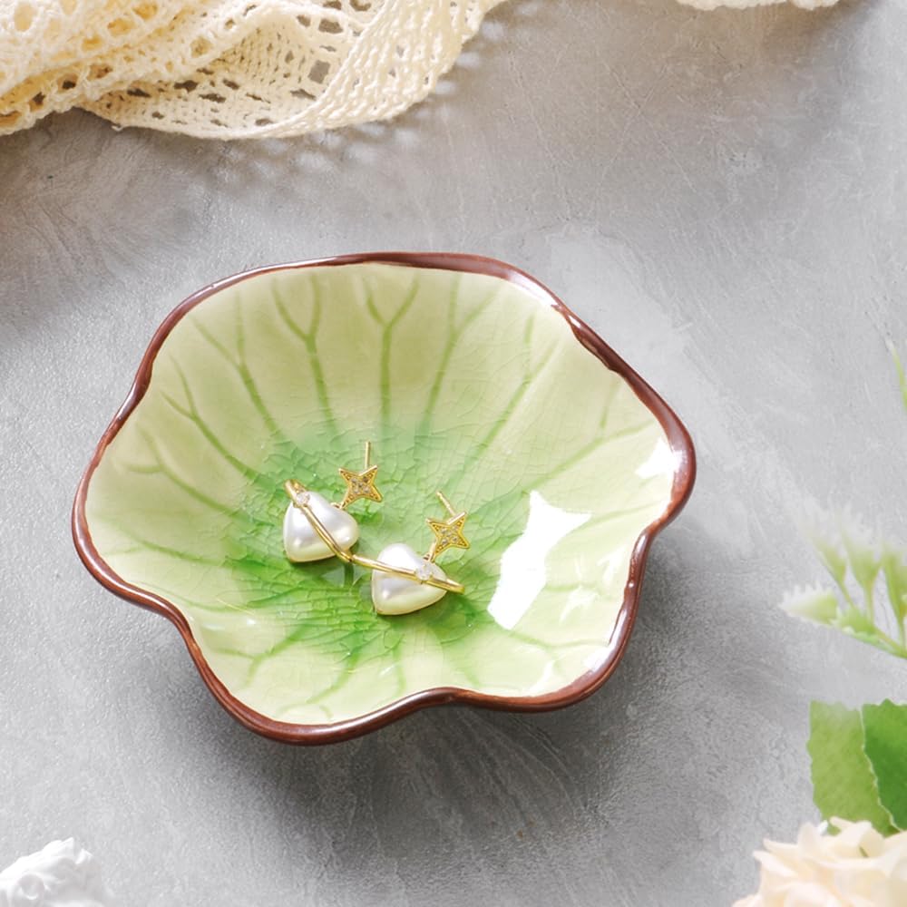 Ring Dish, Kiln Glaze Jewelry Trinket Tray, Gifts for Women I Lotus Leaf Necklace Earrings Holder on Nightstand Bathroom, Ceramic Cute Key Bowl, White. All Jewelries Are NOT Included.