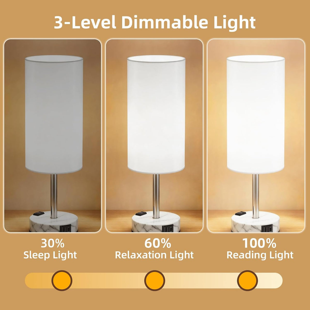 Table Lamp for Nightstand, High-Sensitivity Touch, 3-Level Dimmable Bedside Lamp with AC Outlet | USB | and USB-C, Ideal Night Stand Lamp for Bedroom, Reading, Living Room(Warm&Wooden)