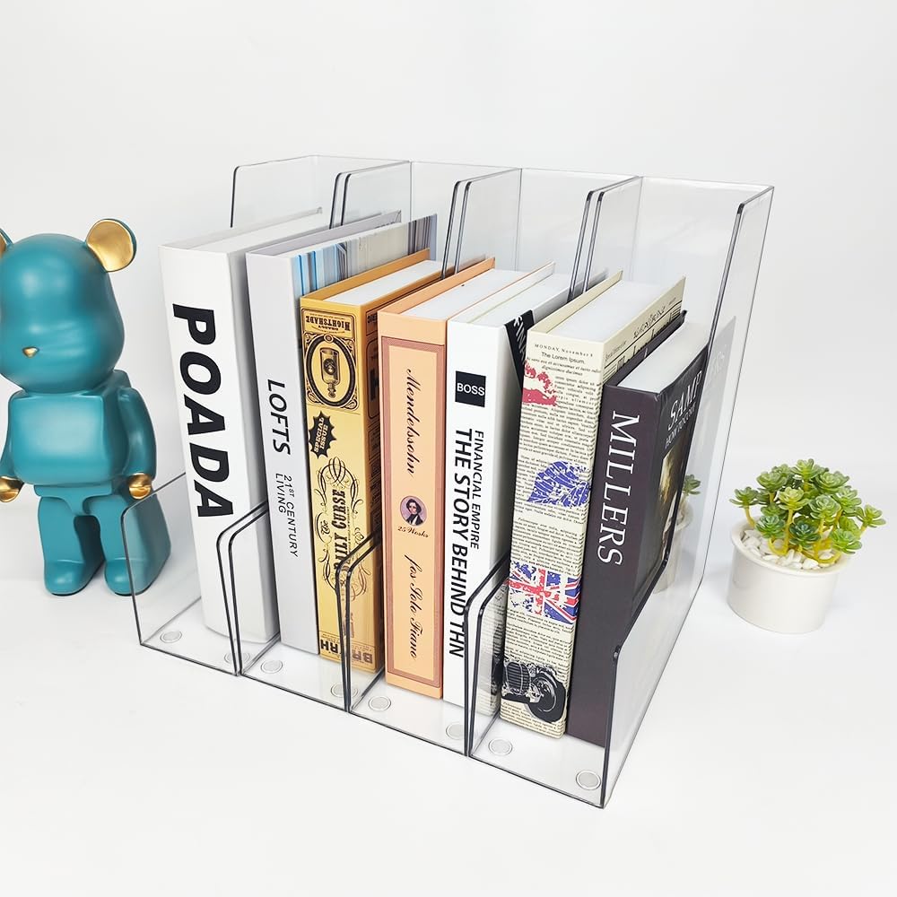Clear Vertical File Holder, 2 pack, for Home Office | Clear plastic Magazine Organizer, 2-pack. Multi-purpose document organizer for home office, school. Space-saving storage.