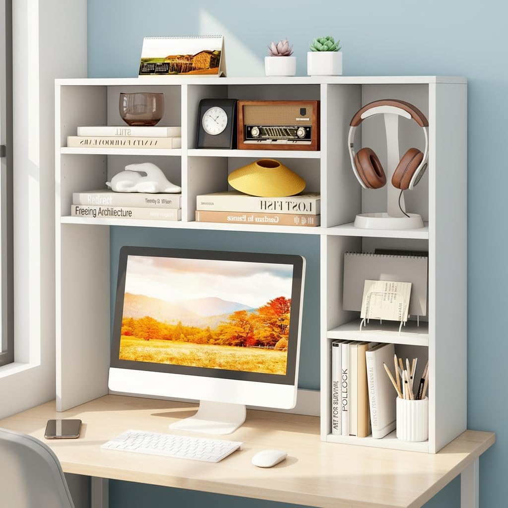 Desktop Bookshelf, Countertop Storage Hutch with 5 Shelves for Computer Desk, Desk 3-Tier Display Rack, Multipurpose Wood Desktop Hutch Storage Organizer for Dorm Office Home