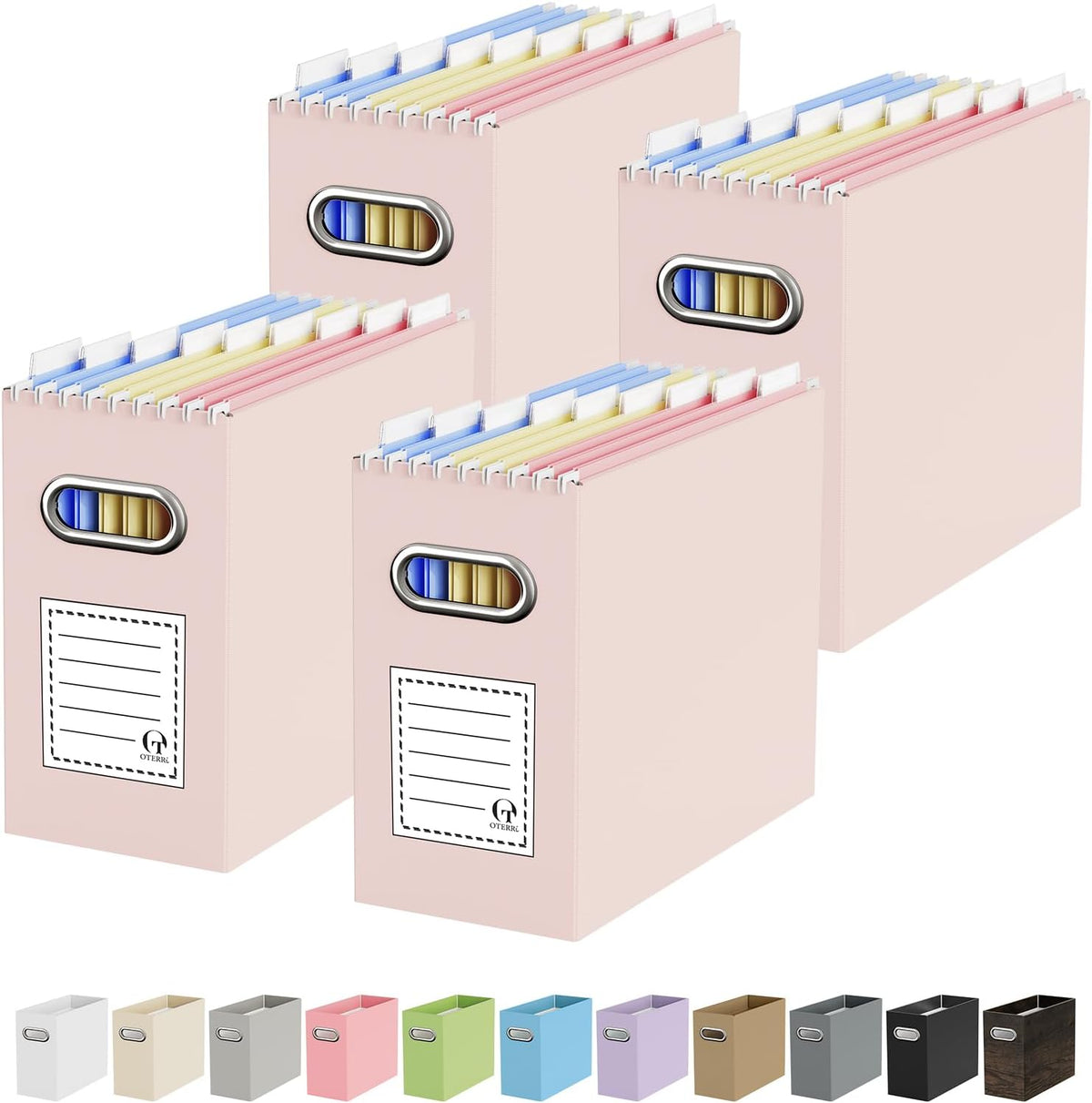 Oterri File Organizer Box, Portable Collapsible Cardboard File Folder Organizer with Handle for Letter Size Hanging Files, Document Storage Box for Home Office & Classroom (Pink)