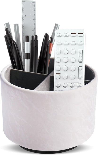Round Leather Art Supply Organizer,Remote Control Holder,360 Degree Rotating,Multi-Functional Pencil Holder,4 Compartments Desktop Stationary Organizer(1-Blue Bird) - Colors B