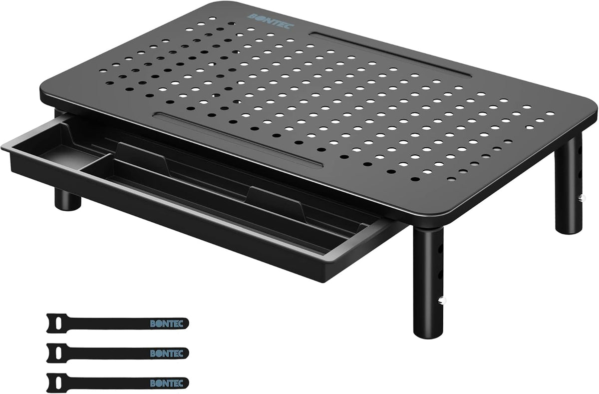 BONTEC Adjustable Monitor Stand Riser with Drawer, Ergonomic Mesh Platform Computer Monitor Stand for Desk, Ventilated Laptop and PC Stand with Cable Management, Supports up to 44lbs