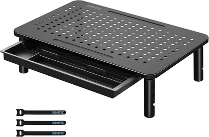 BONTEC Adjustable Monitor Stand Riser with Drawer, Ergonomic Mesh Platform Computer Monitor Stand for Desk, Ventilated Laptop and PC Stand with Cable Management, Supports up to 44lbs