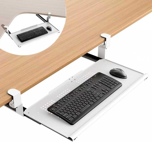 Keyboard Tray Under Desk - Full Metal Slide Out Holder, Rust-Resistant & Scratch-Proof, Double C-Clamps, 26x13" Tray for L Shape/Regular Desks, Standing/Sitting Workstation(White-B)