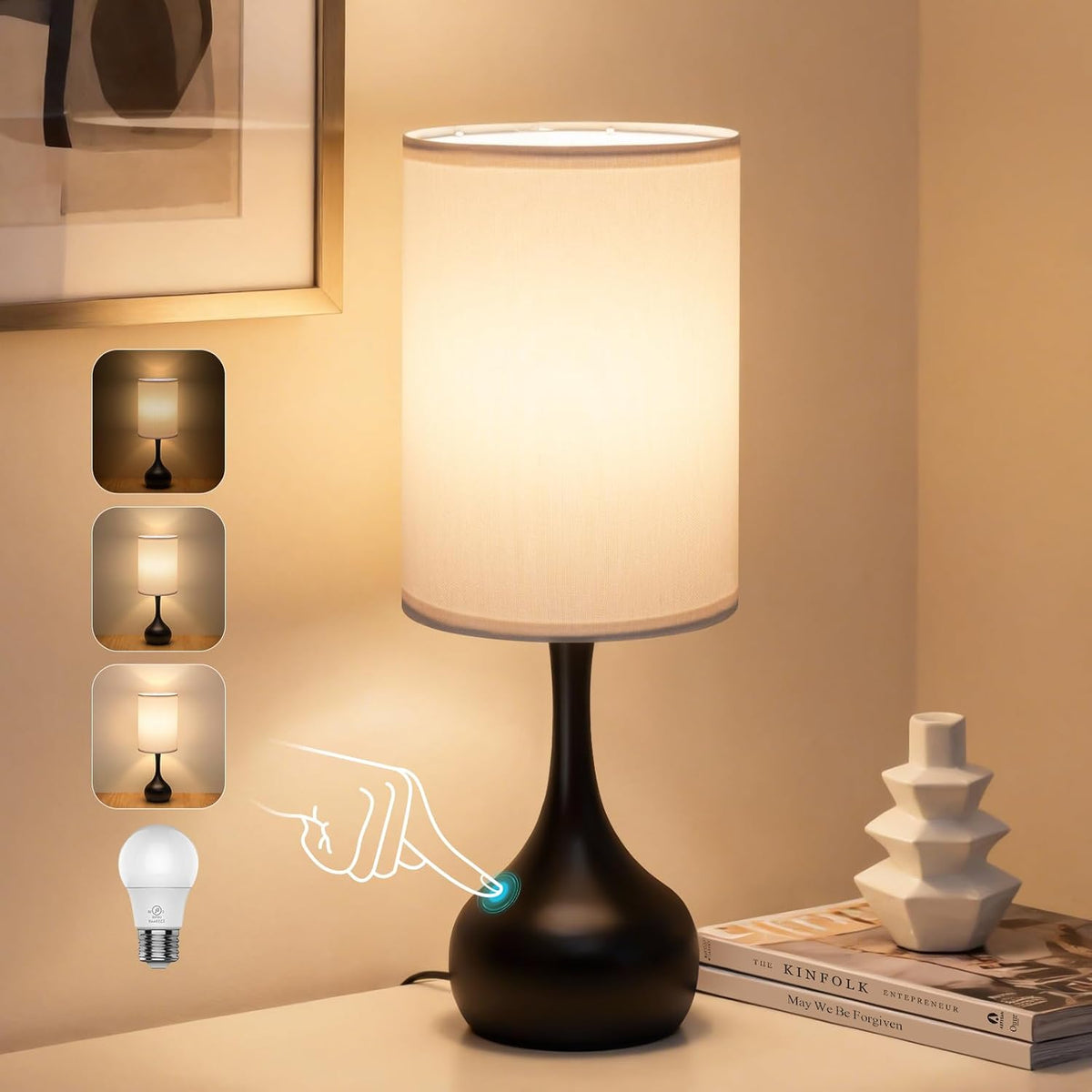 ONEWISH Touch Bedside Lamp for Bedroom, 3-Way Dimmable Farmhouse Table Lamps for Nightstand with Fabric Shade, Desk Lamp for Kids Reading, Home Office