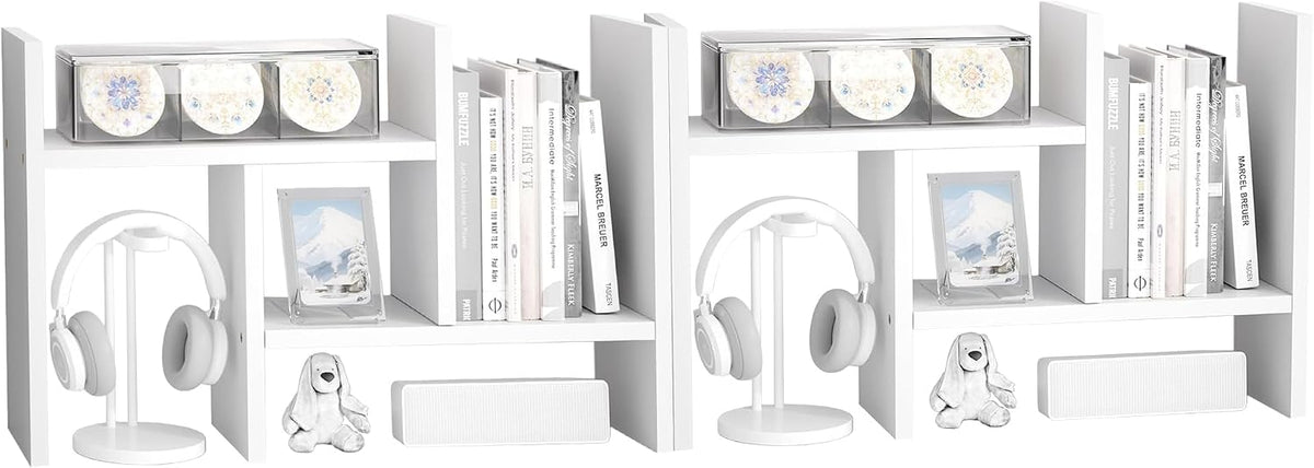 Jerry & Maggie Desktop Organizer Office Storage Rack Adjustable Wood Display Shelf Free Style Double H, Multi-Functional Mini Bookshelf for Desk Natural Stand (White)