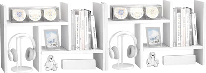Jerry & Maggie Desktop Organizer Office Storage Rack Adjustable Wood Display Shelf Free Style Double H, Multi-Functional Mini Bookshelf for Desk Natural Stand (White)