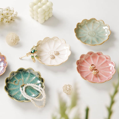 Ring Dish, Kiln Glaze Jewelry Trinket Tray, Gifts for Women I Lotus Leaf Necklace Earrings Holder on Nightstand Bathroom, Ceramic Cute Key Bowl, White. All Jewelries Are NOT Included.