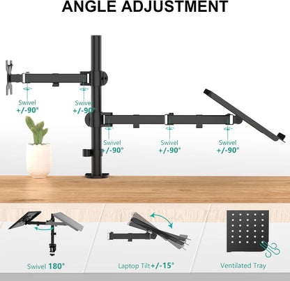 WALI Single Arm Laptop and Monitor Desk Mount for 17" Notebook and Up to 32" Screen, 2-in-1 Adjustable Monitor Arm with Laptop Tray, VESA 75x75 100x100,Holds 22-26.4 lbs, Black (GSMP001NLP)