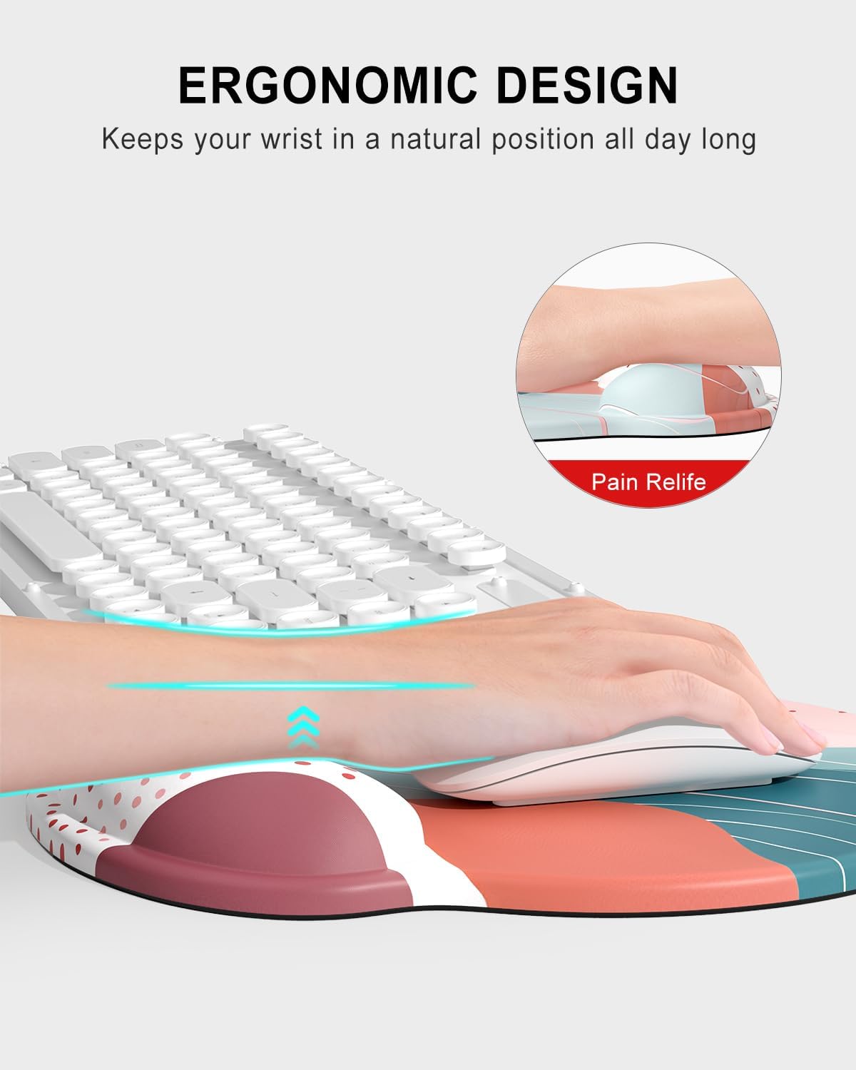 Ergonomic Mouse Pad with Wrist Rest, Comfortable Silicone Non-Slip Computer Pain Relief Gel Mouse Mat with Wrist Support for Gaming, Work, Office, Women & Men, Cute Pattern, Beige