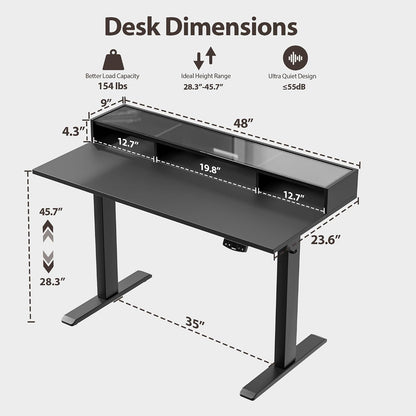48 * 24 Inch Electric Standing Desk with Shelf & Led, Dark Walnut