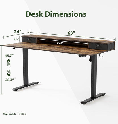 48 * 24 Inch Electric Standing Desk with Shelf & Led, Dark Walnut