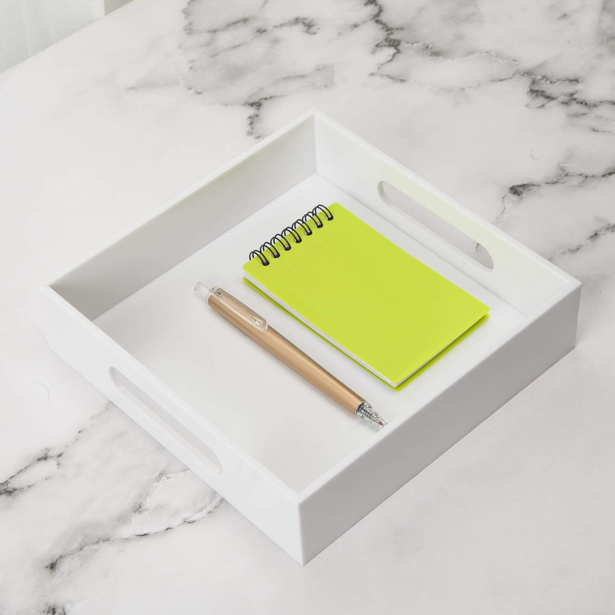 KEVLANG Glossy White Sturdy Acrylic Serving Tray with Handles-12x20 Inch-Serving Coffee Appetizer Breakfast-Kitchen Countertop Makeup Drawer Organizer-Vanity Table Ottoman Decorative Tray