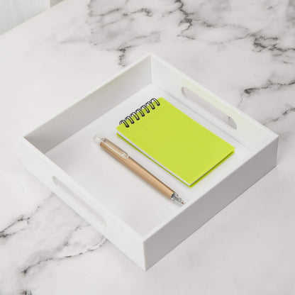 KEVLANG Glossy White Sturdy Acrylic Serving Tray with Handles-12x20 Inch-Serving Coffee Appetizer Breakfast-Kitchen Countertop Makeup Drawer Organizer-Vanity Table Ottoman Decorative Tray