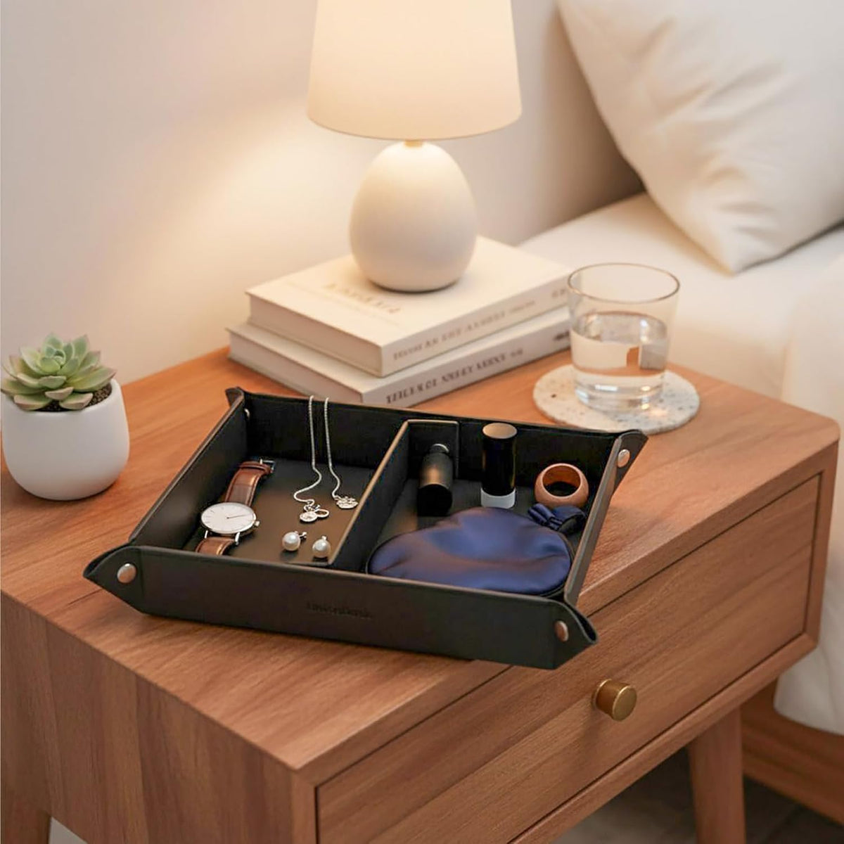 Small Valet Tray, Jewelry Tray for Rings Watches Earrings, Entryway Catchall Caddy for Coins Keys Change, Nightstand Bedside Valet Holder, Trays for Electronic Gadgets, Beige - Colors A